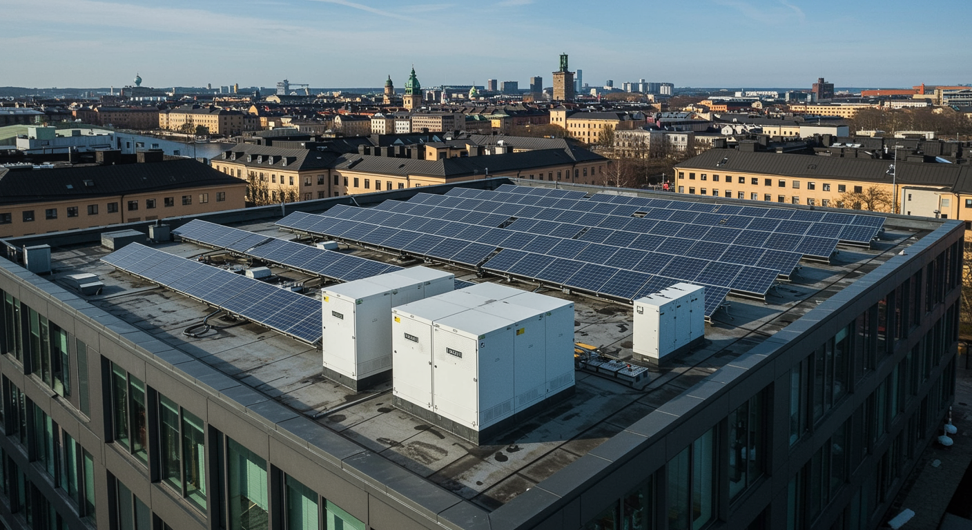Modern commercial rooftop solar PV panels with industrial battery storage cabinets in Sweden, highlighting the 50% Grön Teknik tax deduction for 2026 energy independence.
