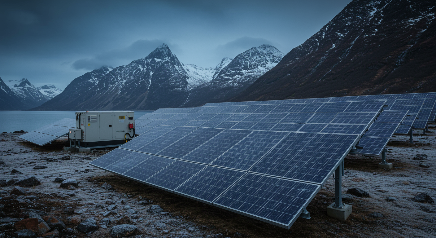 Industrial solar and diesel generator hybrid energy solution installed in a remote Norwegian coastal site, optimized for cold climate and high energy reliability.