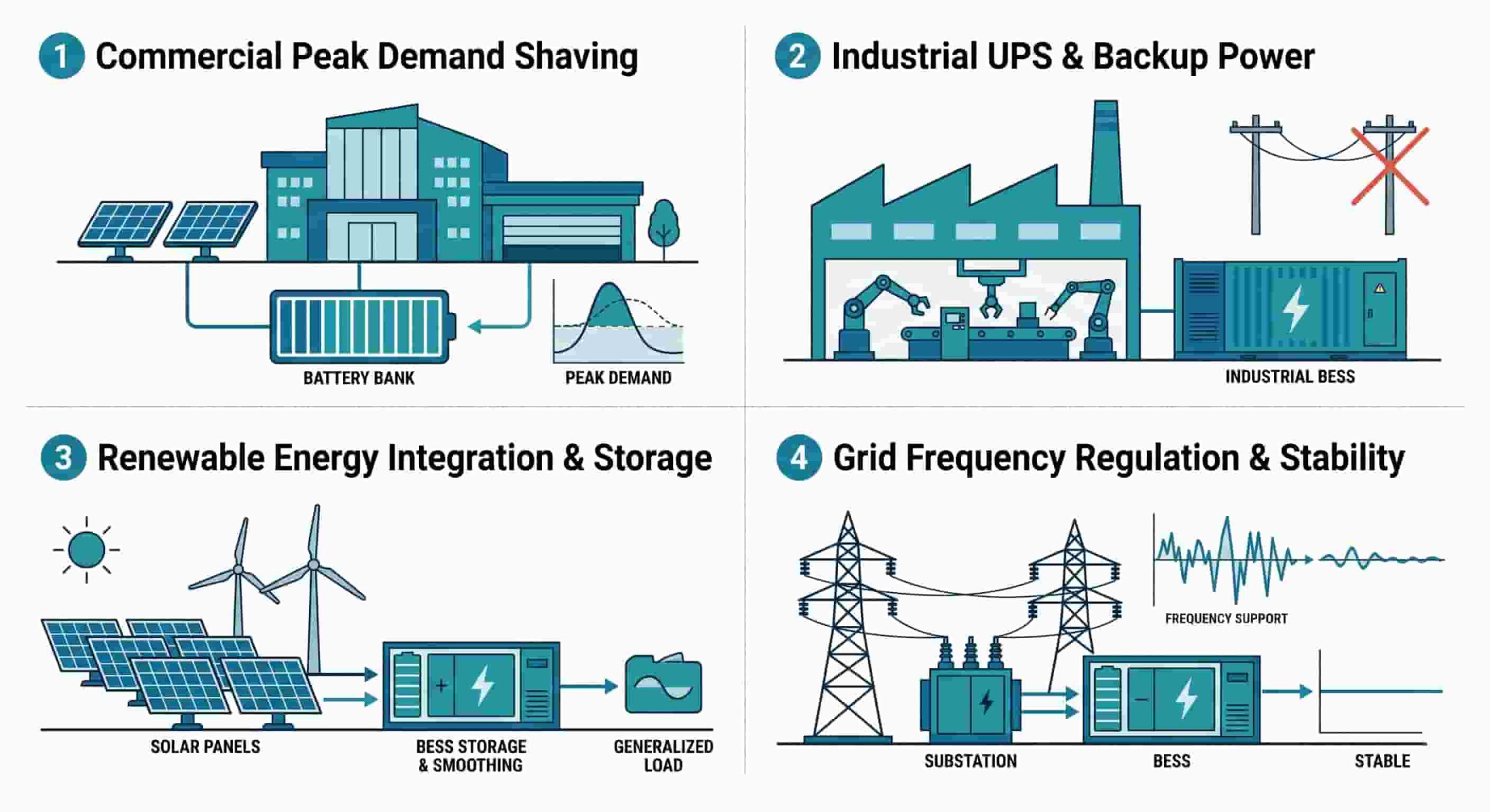 Infographic showing BESS applications: commercial peak shaving, industrial UPS backup, renewable energy storage, and grid frequency regulation
