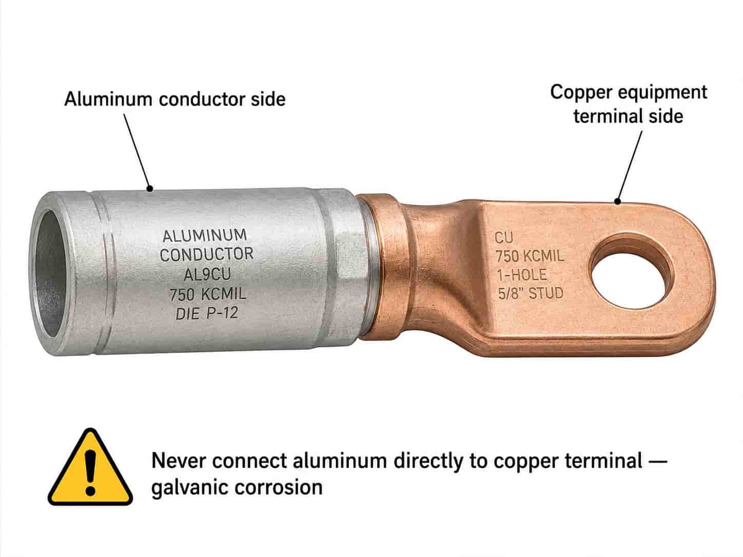 Technical illustration of a bi-metallic cable lug connector used where aluminum cable terminates at copper equipment terminals
