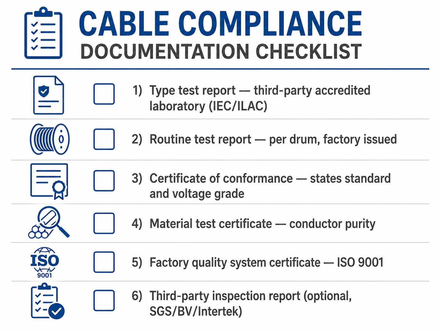 Checklist of cable compliance documents to request from a Chinese manufacturer including type test report, routine test report and certificate of conformance