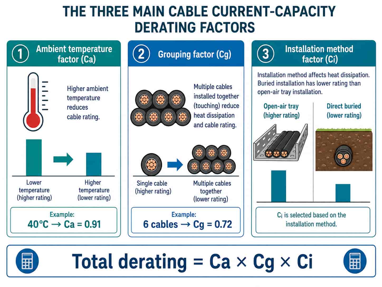 Infographic showing the three main derating factors for cable current capacity: ambient temperature, grouping, and installation method
