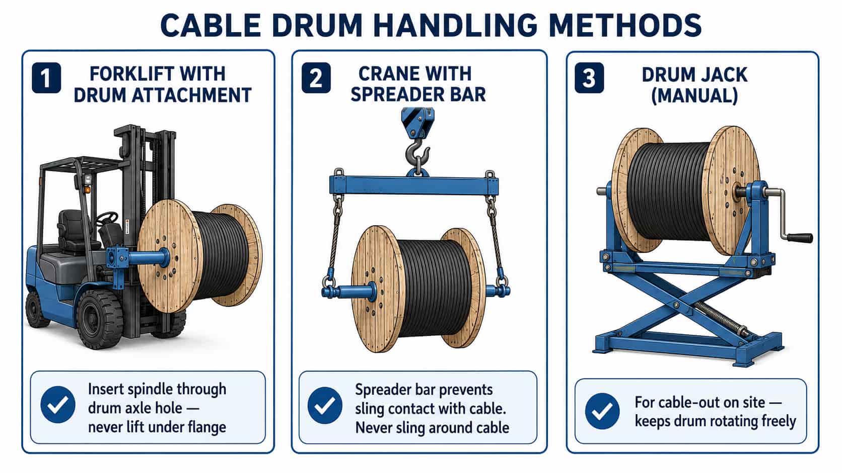 Comparison of three cable drum handling methods showing correct technique for forklift with drum attachment, crane with spreader bar and manual drum jack