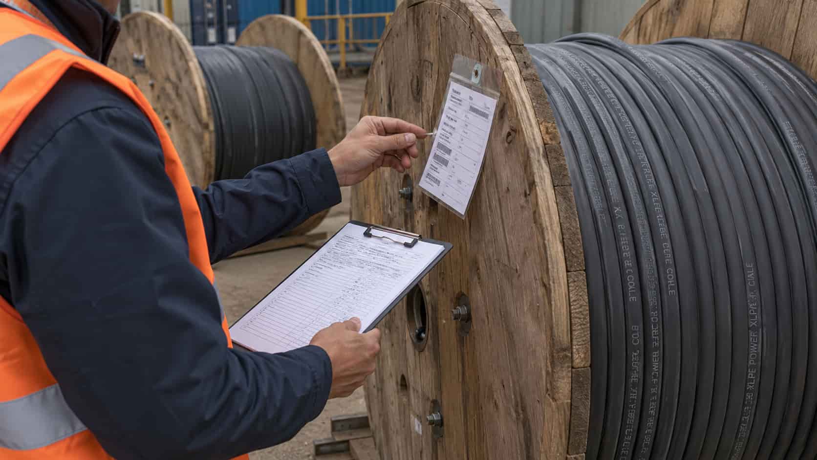 Site engineer conducting incoming inspection of delivered cable drums checking drum tags, cable marking and sheath condition against packing list