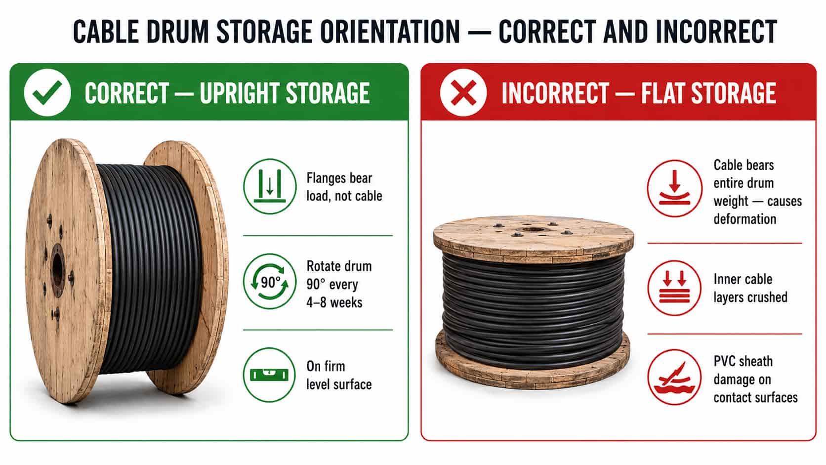 Diagram showing correct upright cable drum storage position versus incorrect flat storage that causes cable damage and drum deformation