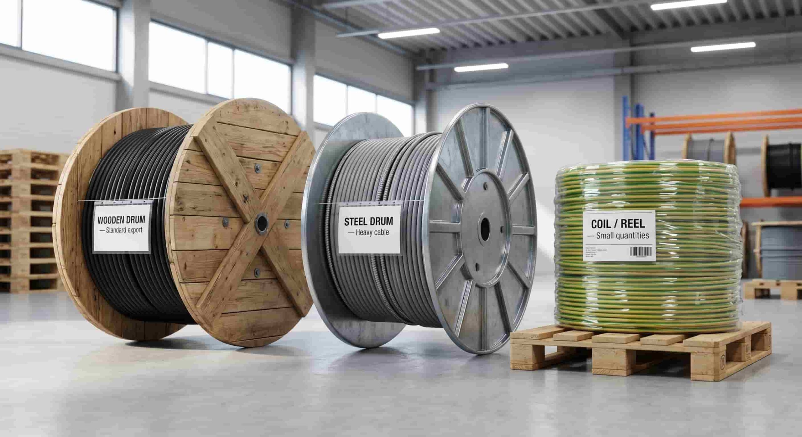 Illustration of cable export packaging options: wooden drum, steel drum, and coil packaging for different cable sizes and quantities
