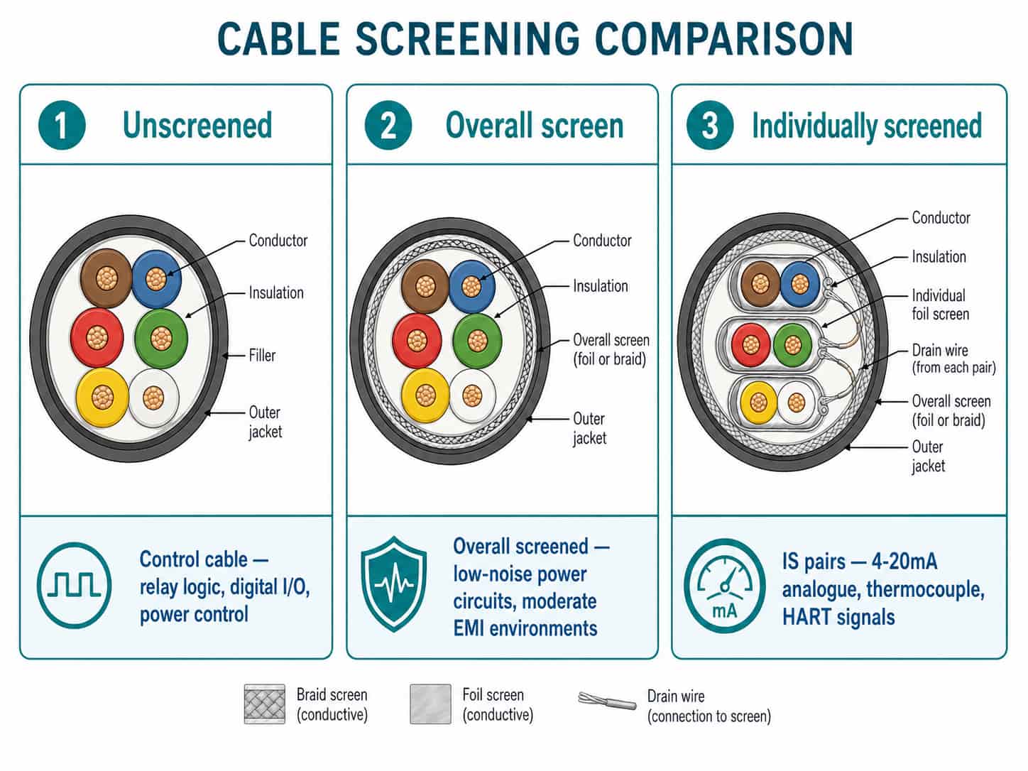 Comparison of three cable screening configurations: unscreened control cable, overall screen, and individually screened pairs for instrumentation