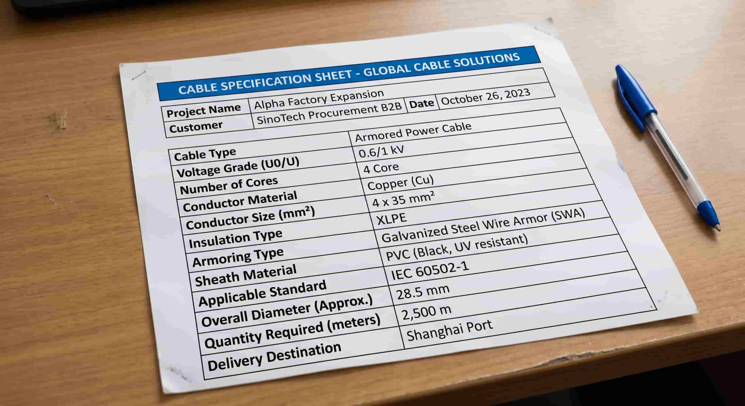 Example cable specification sheet showing voltage grade, conductor size, insulation type, standard, and quantity fields