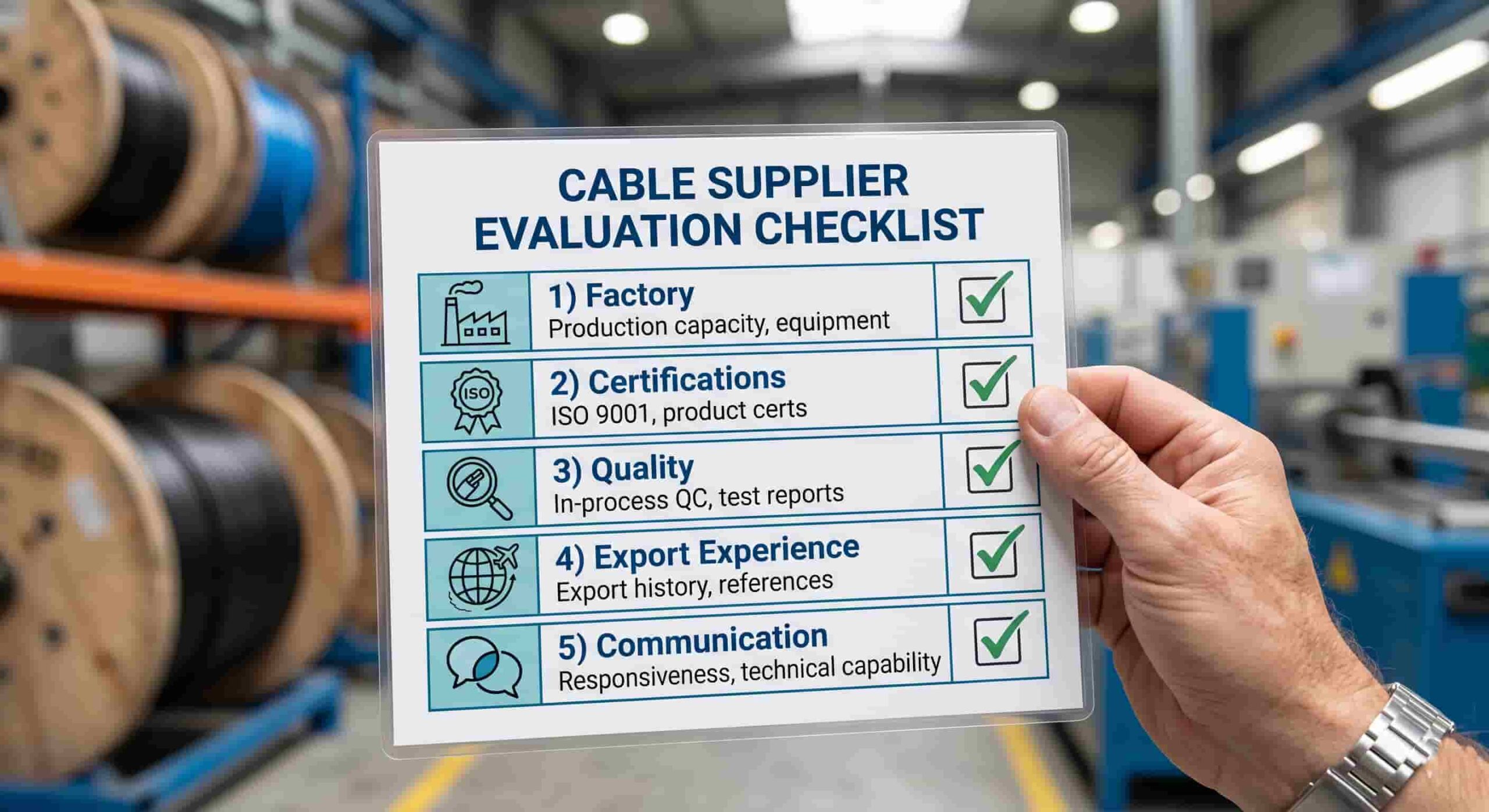 Supplier evaluation checklist for sourcing industrial cables from China including factory audit, certifications and quality control