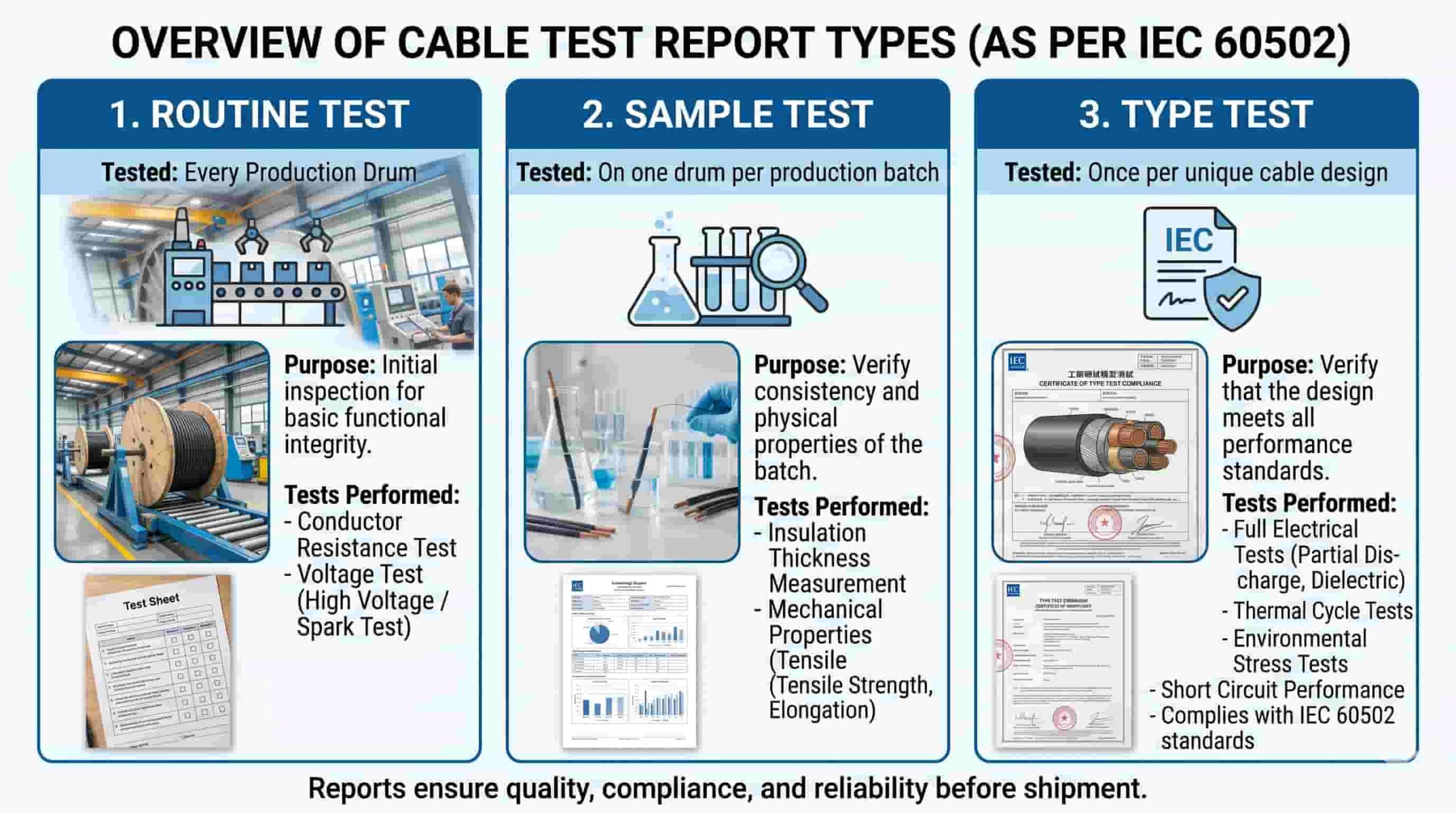 Overview diagram of cable test report types: routine test, sample test, and type test as required by IEC 60502