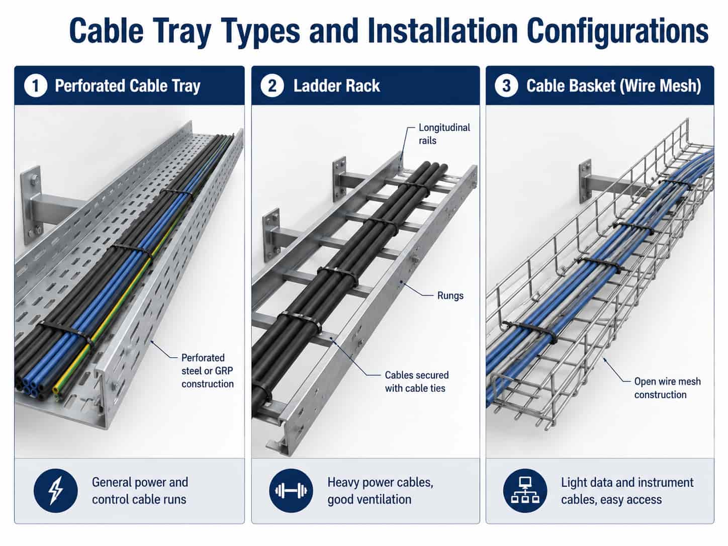 Comparison of perforated cable tray, ladder rack and cable basket showing typical industrial installation configurations