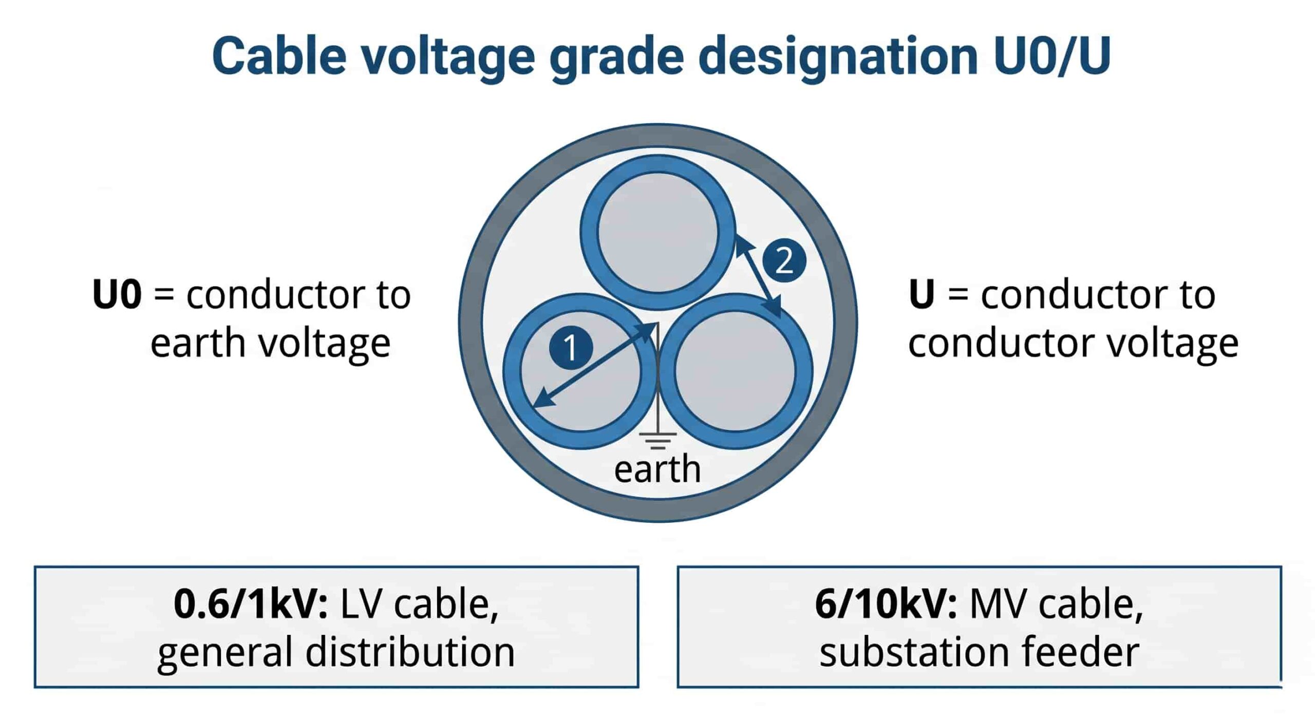 Diagram explaining cable voltage grade designation U0/U showing conductor-to-earth and conductor-to-conductor voltage measurement