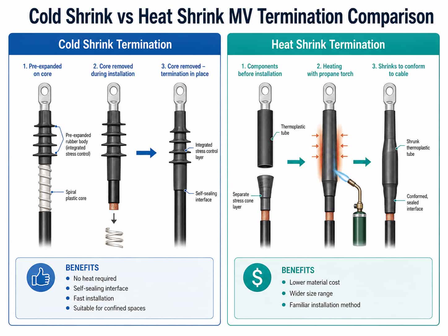 Side-by-side comparison of cold shrink and heat shrink MV cable termination kits showing construction and installation method differences