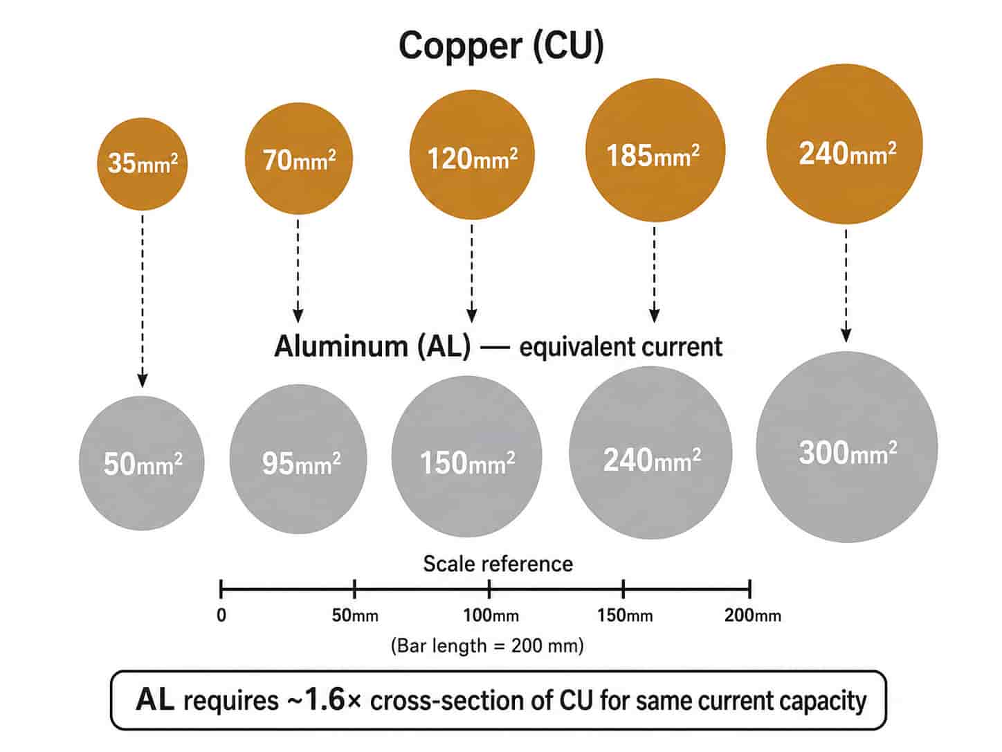 Visual comparison showing equivalent current-carrying cross-sections for copper and aluminum conductors, demonstrating the 1.6x size difference