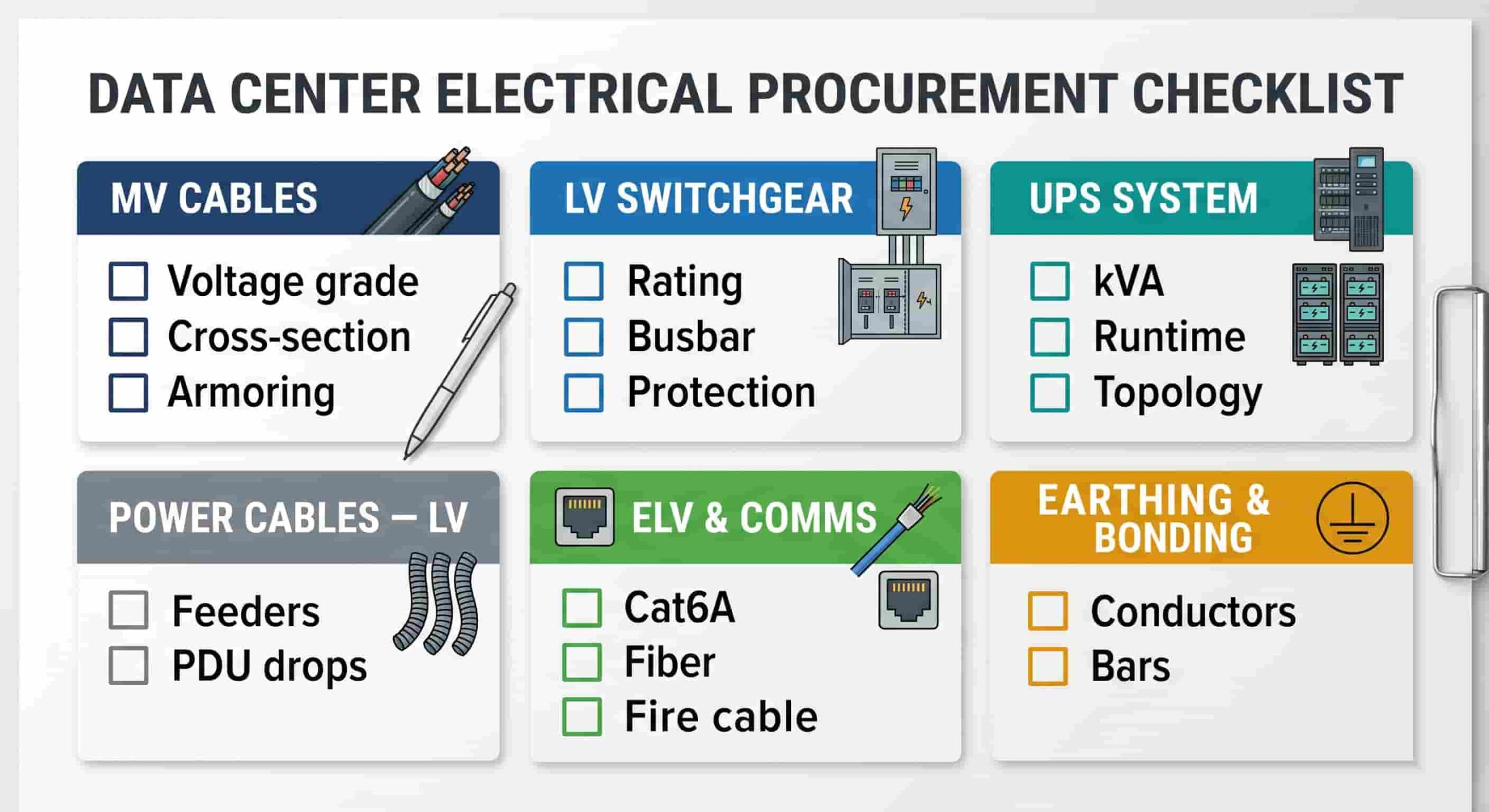 Procurement checklist for data center power infrastructure including MV cables, LV switchgear, UPS, PDUs, and ELV systems