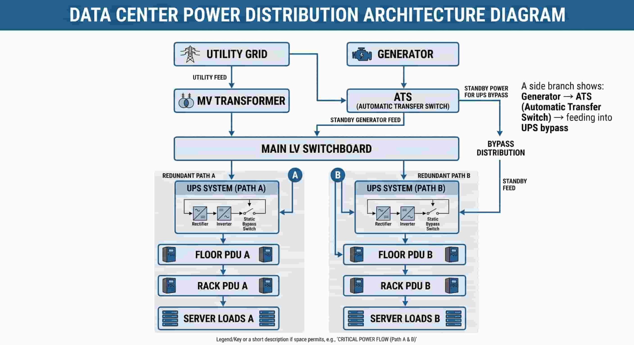 Diagram showing data center power flow from utility grid through transformer, UPS, PDU to server rack loads
