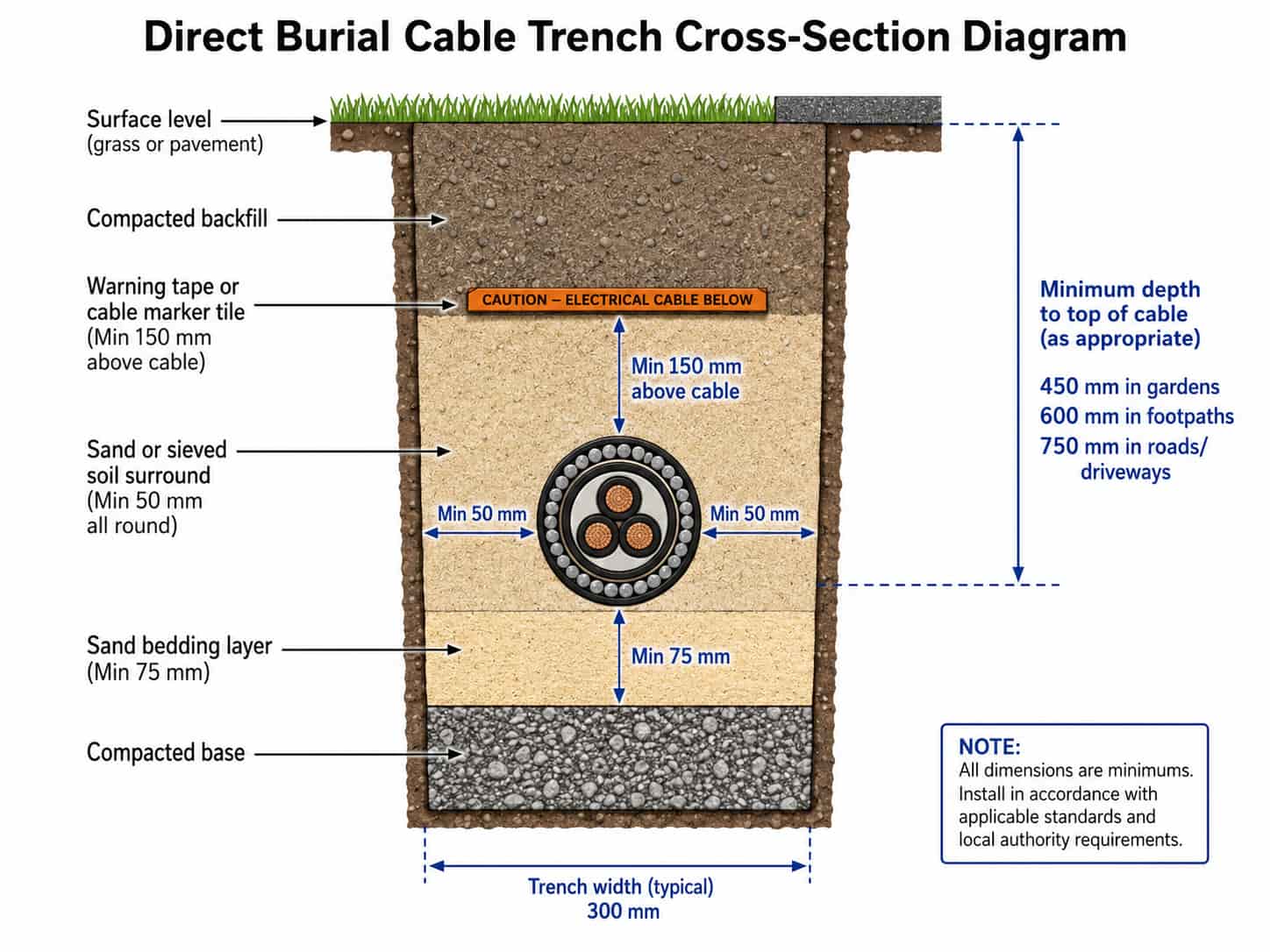 Technical cross-section diagram of a direct burial cable trench showing minimum depth, sand bedding, cable, marker tile and backfill layers per IEC requirements