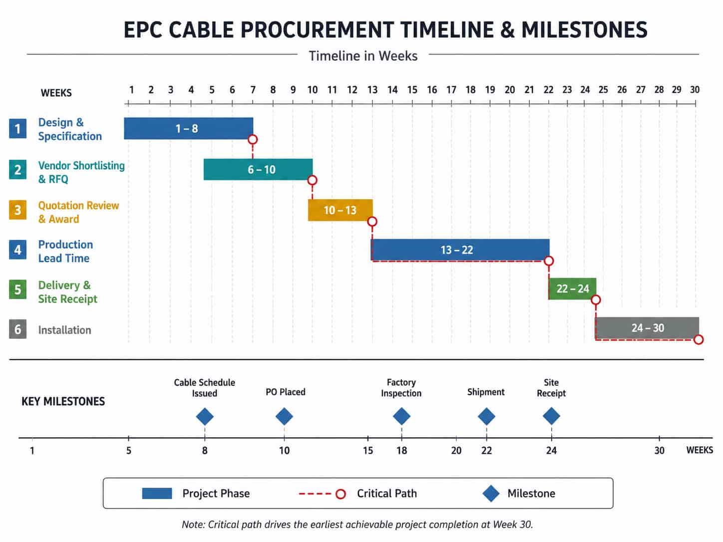 Project timeline diagram showing EPC cable procurement milestones from design through delivery and installation