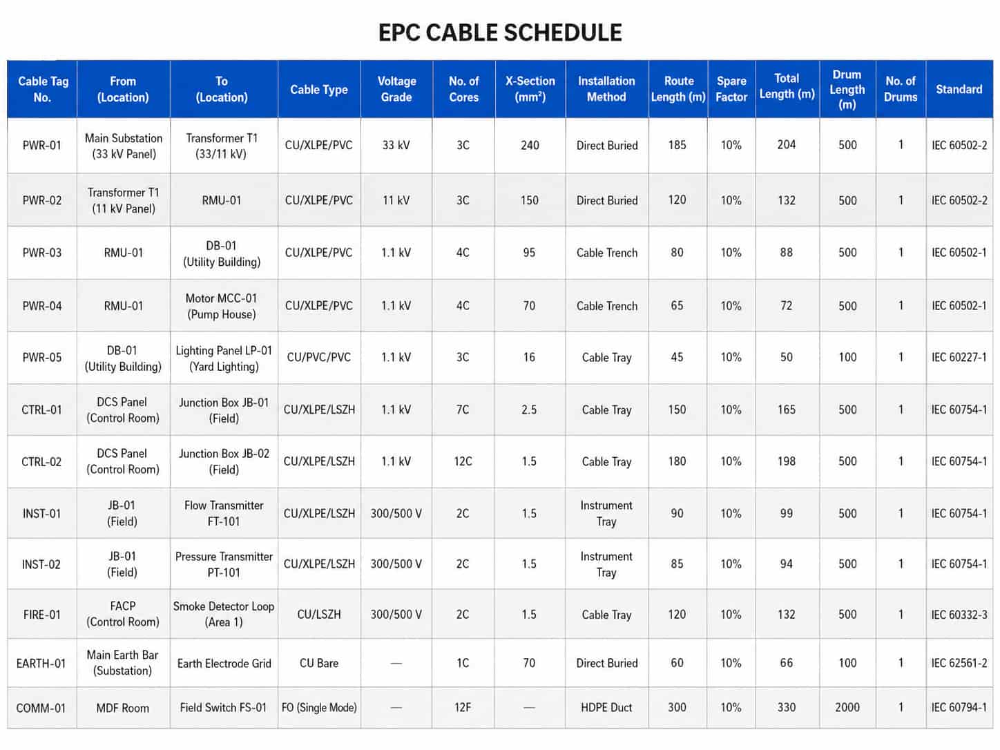 Example cable schedule spreadsheet structure showing cable tag, from-to locations, cable type, cross-section, length and quantity columns