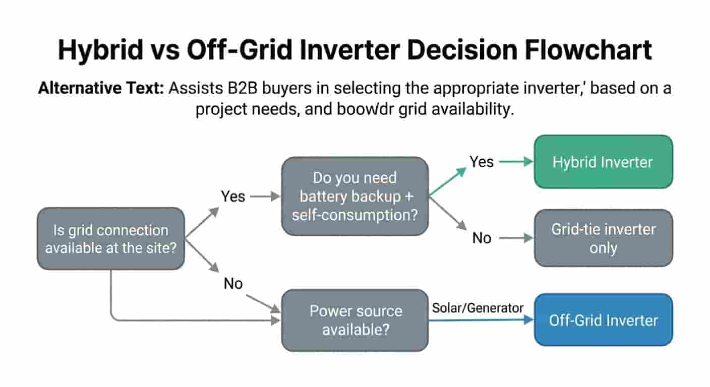 Decision flowchart to help B2B buyers choose between hybrid and off-grid inverter based on grid availability and project requirements