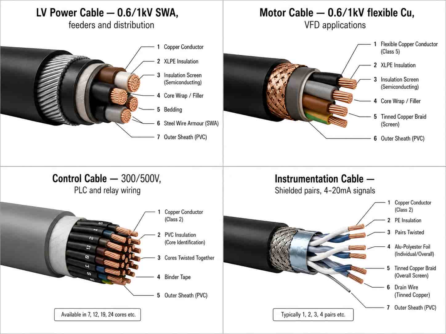 Comparison of industrial cable types: armored power cable, motor feeder cable, control cable and instrumentation cable