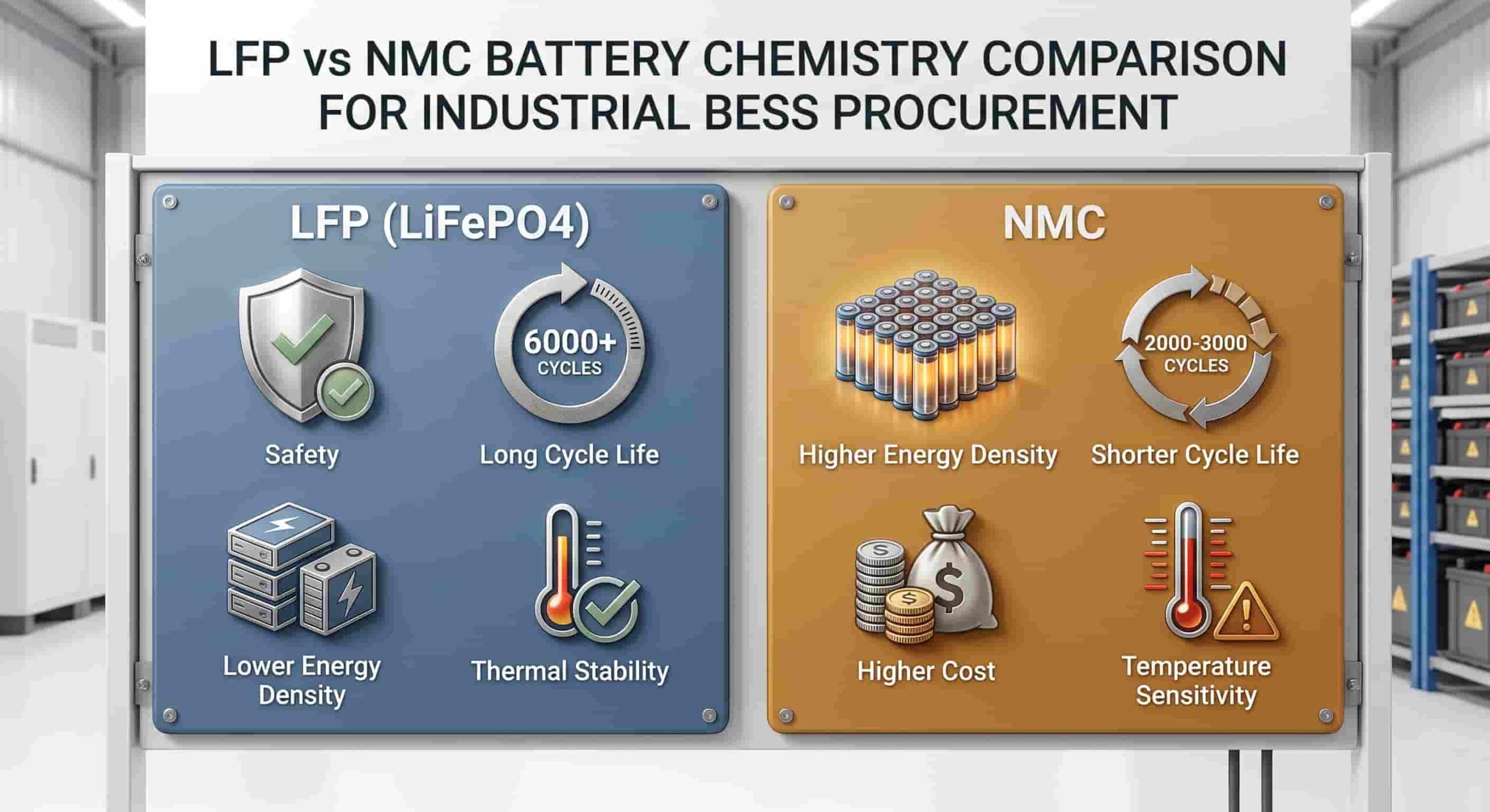 Side-by-side comparison chart of LFP and NMC battery chemistry for industrial BESS procurement
