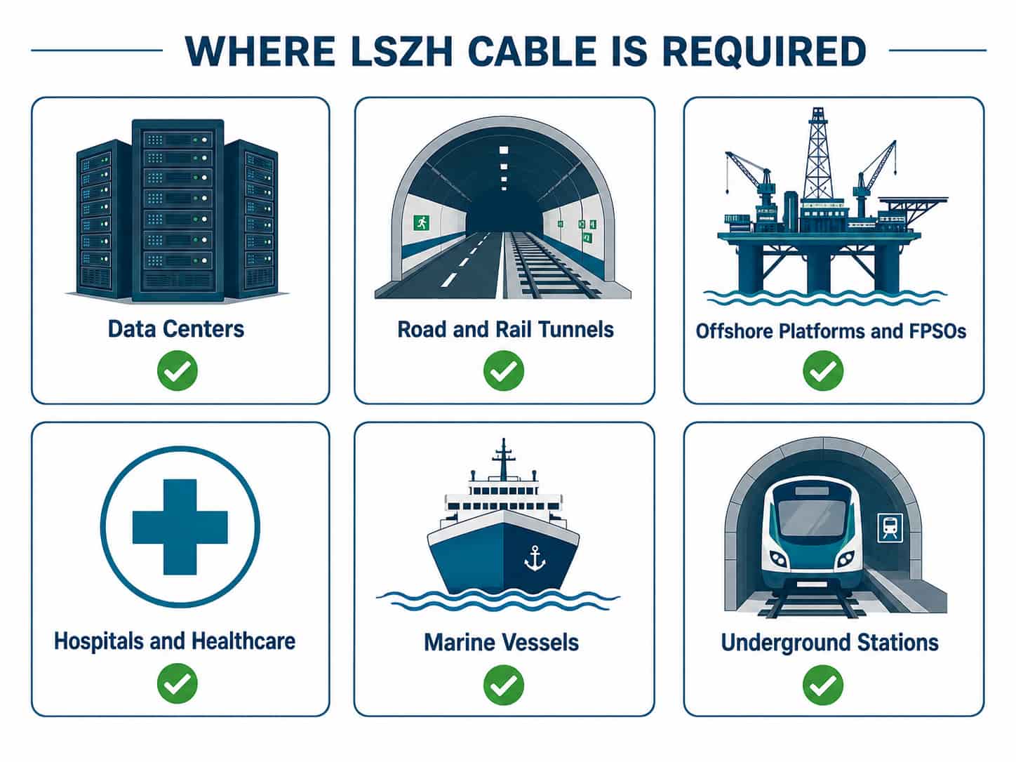 Infographic showing which installation environments mandate LSZH cable including data centers, tunnels, offshore platforms, hospitals and public buildings