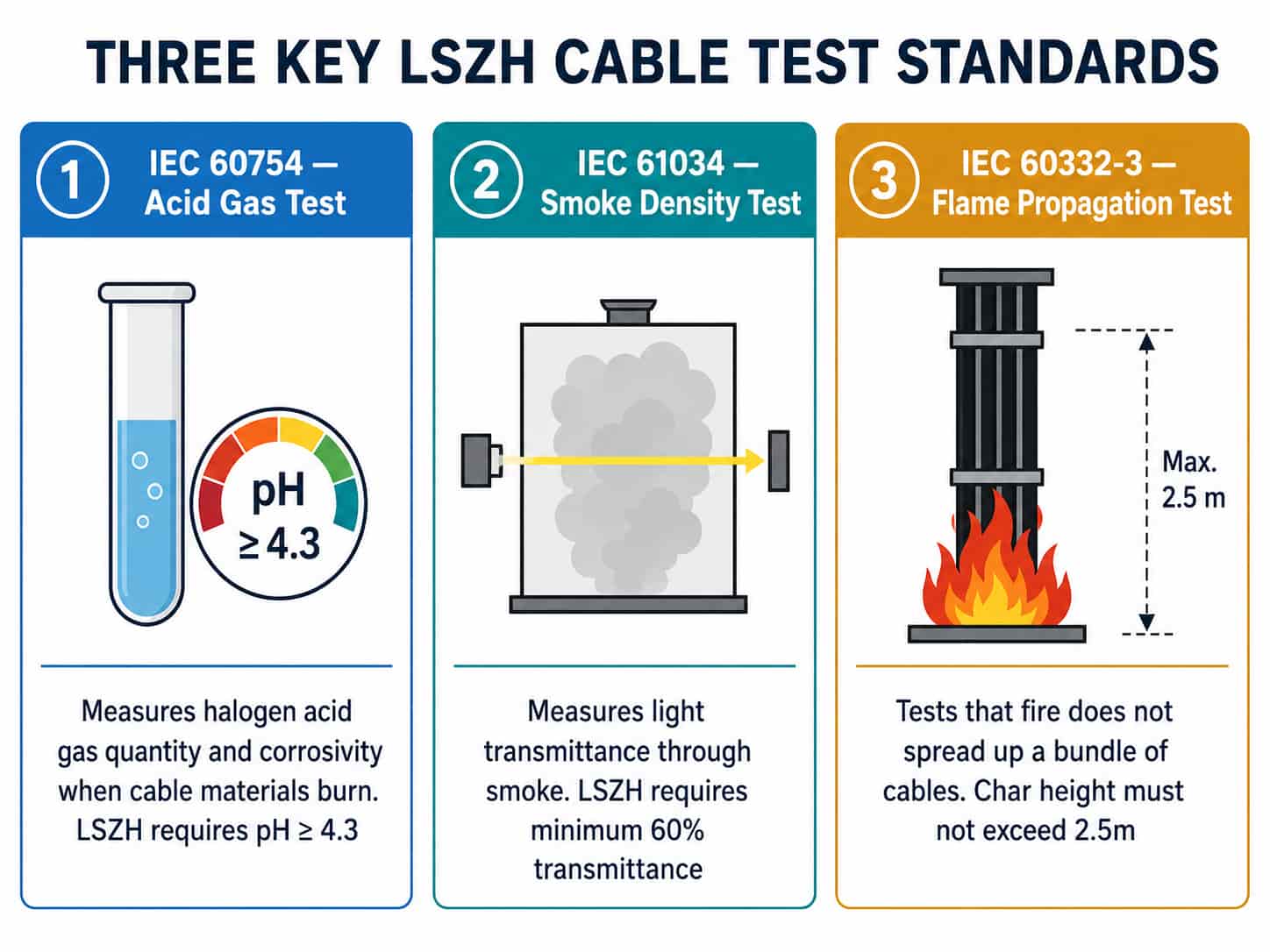 Overview diagram of the three key LSZH test standards: IEC 60754 acid gas, IEC 61034 smoke density, and IEC 60332 flame propagation
