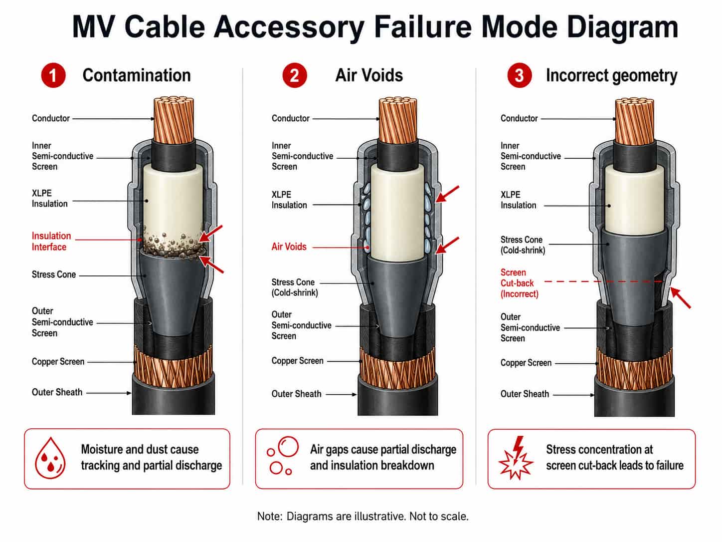 Diagram showing three common MV cable joint and termination failure modes: contamination, air voids, and incorrect stress cone positioning
