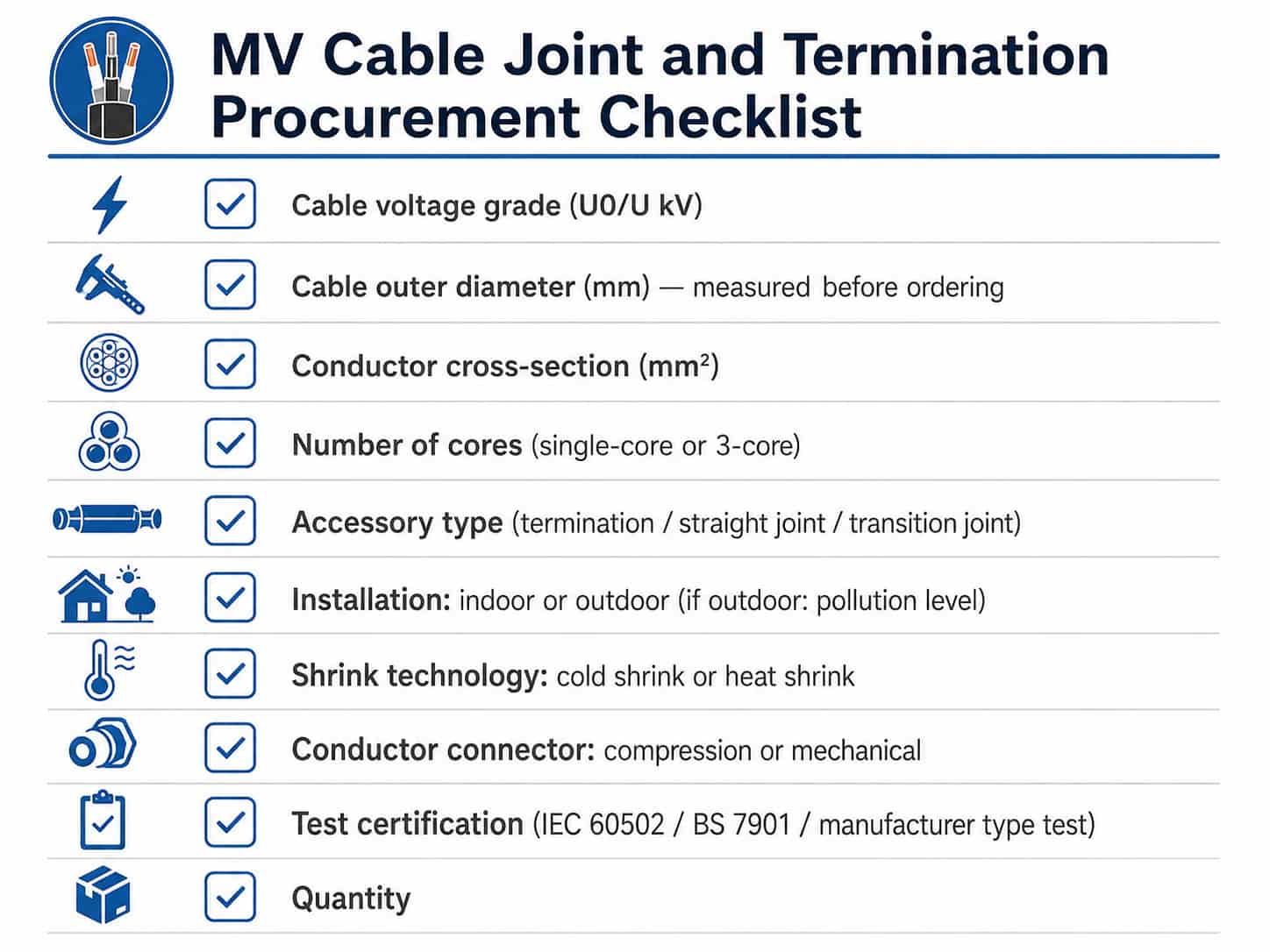 Procurement checklist for MV cable joints and terminations covering voltage grade, cable OD, accessory type, installation environment and test certification