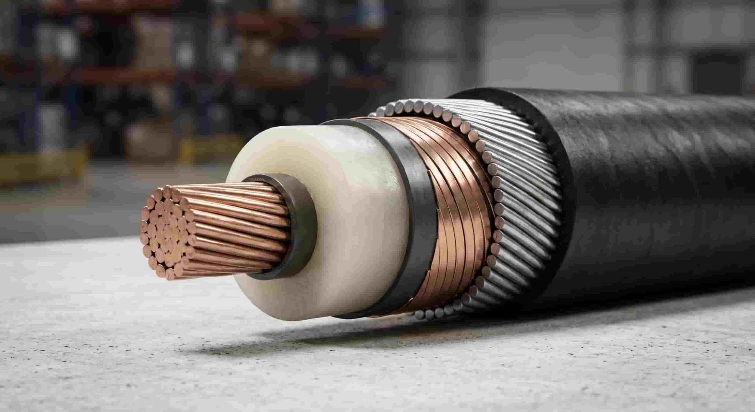 Cross-section of medium voltage cable showing XLPE insulation, metallic screen, armor layer, and outer sheath