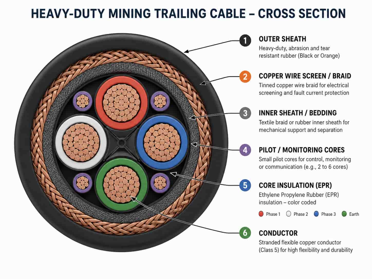 Cross-section diagram of a mining trailing cable showing conductor, insulation, inner sheath, screening, and heavy-duty outer sheath layers