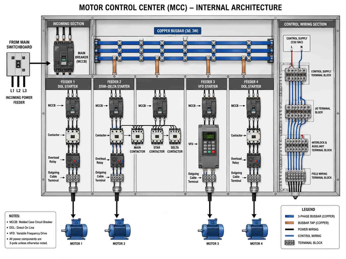 Diagram showing motor control center architecture with incoming feeder, busbar, individual motor starter modules and outgoing motor cables
