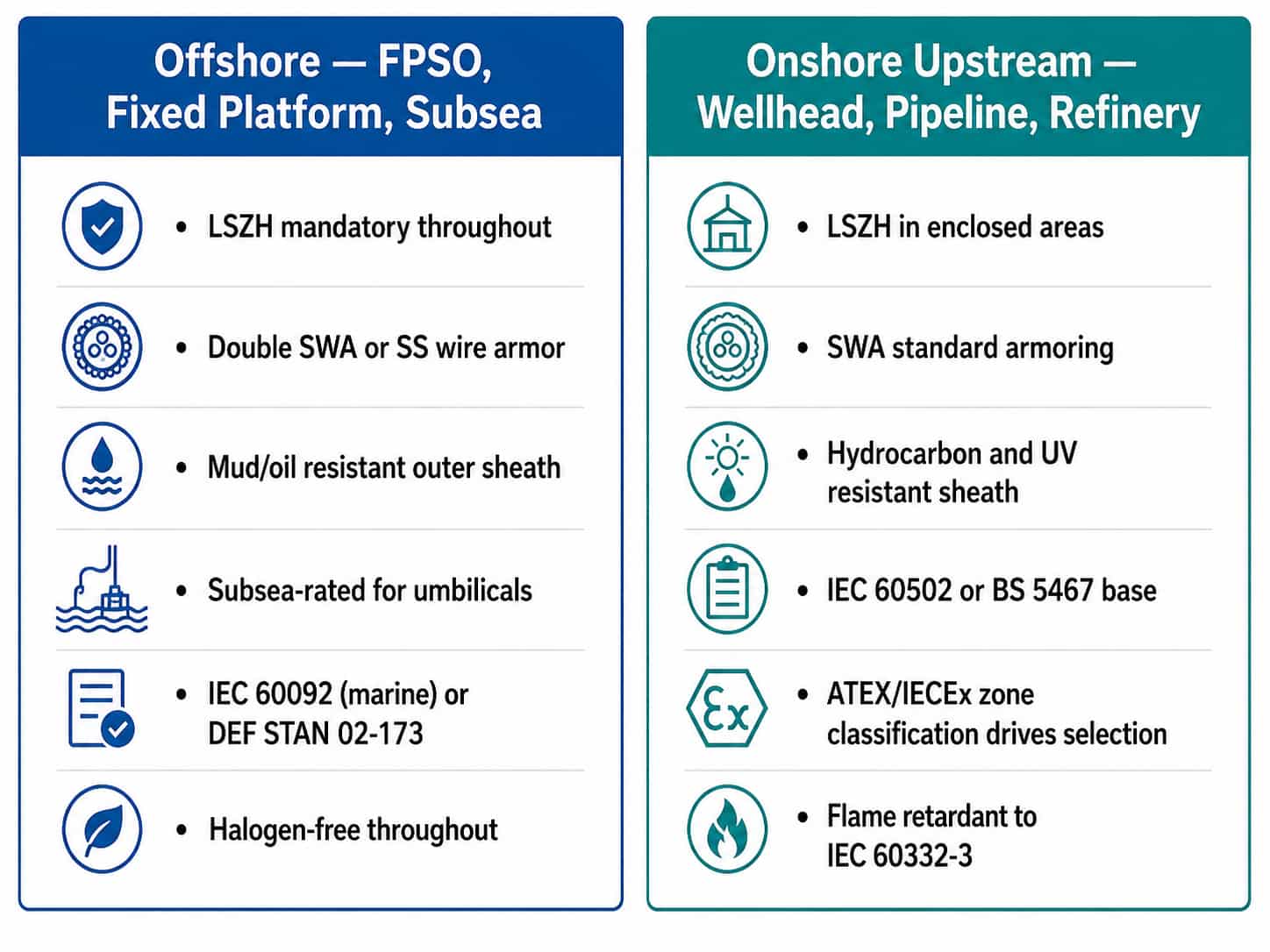 Side-by-side comparison of offshore and onshore upstream oil and gas cable specification requirements