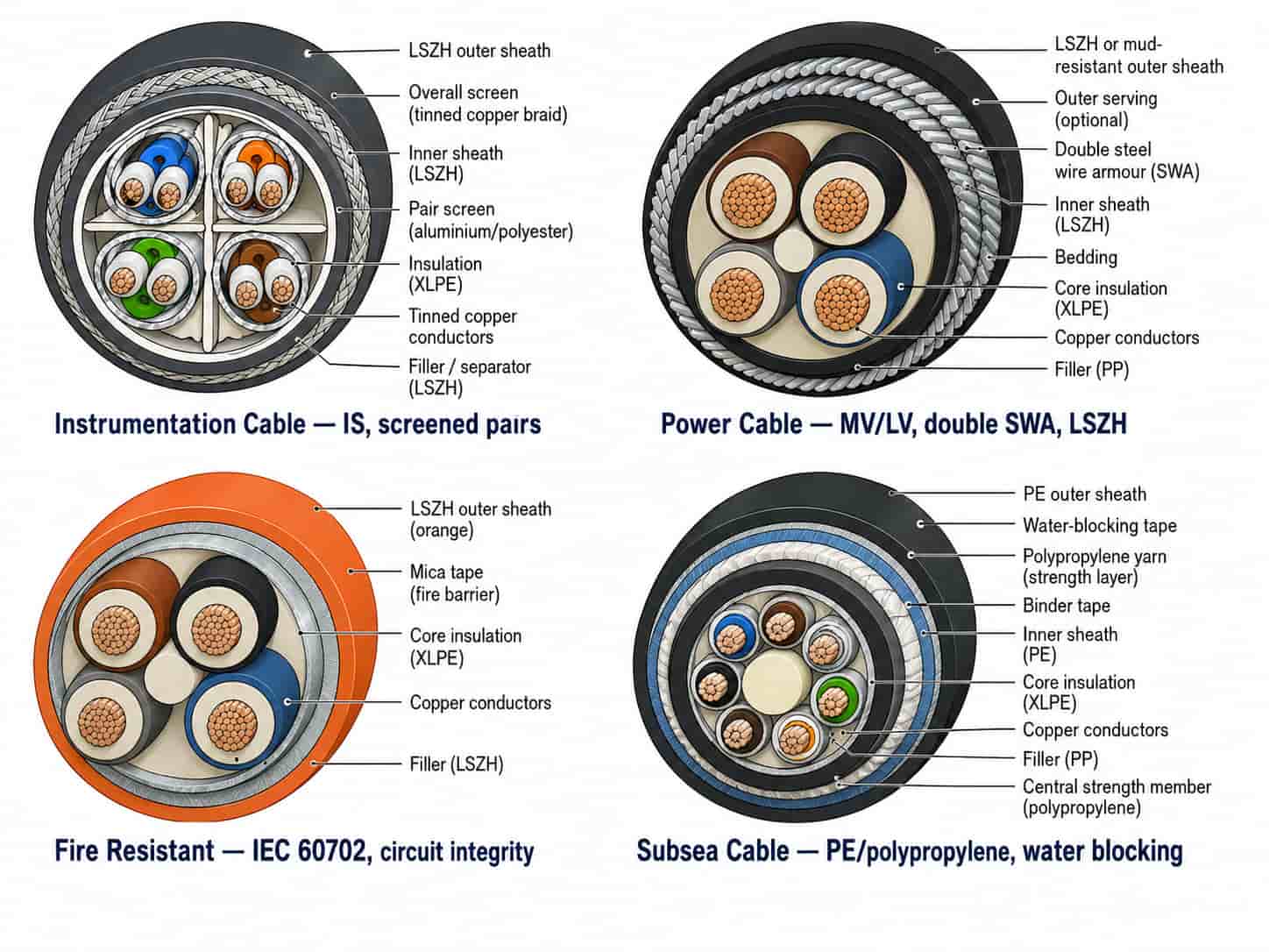 Cross-section comparison of four oil and gas cable types: instrument cable, power cable, fire resistant cable, and subsea umbilical