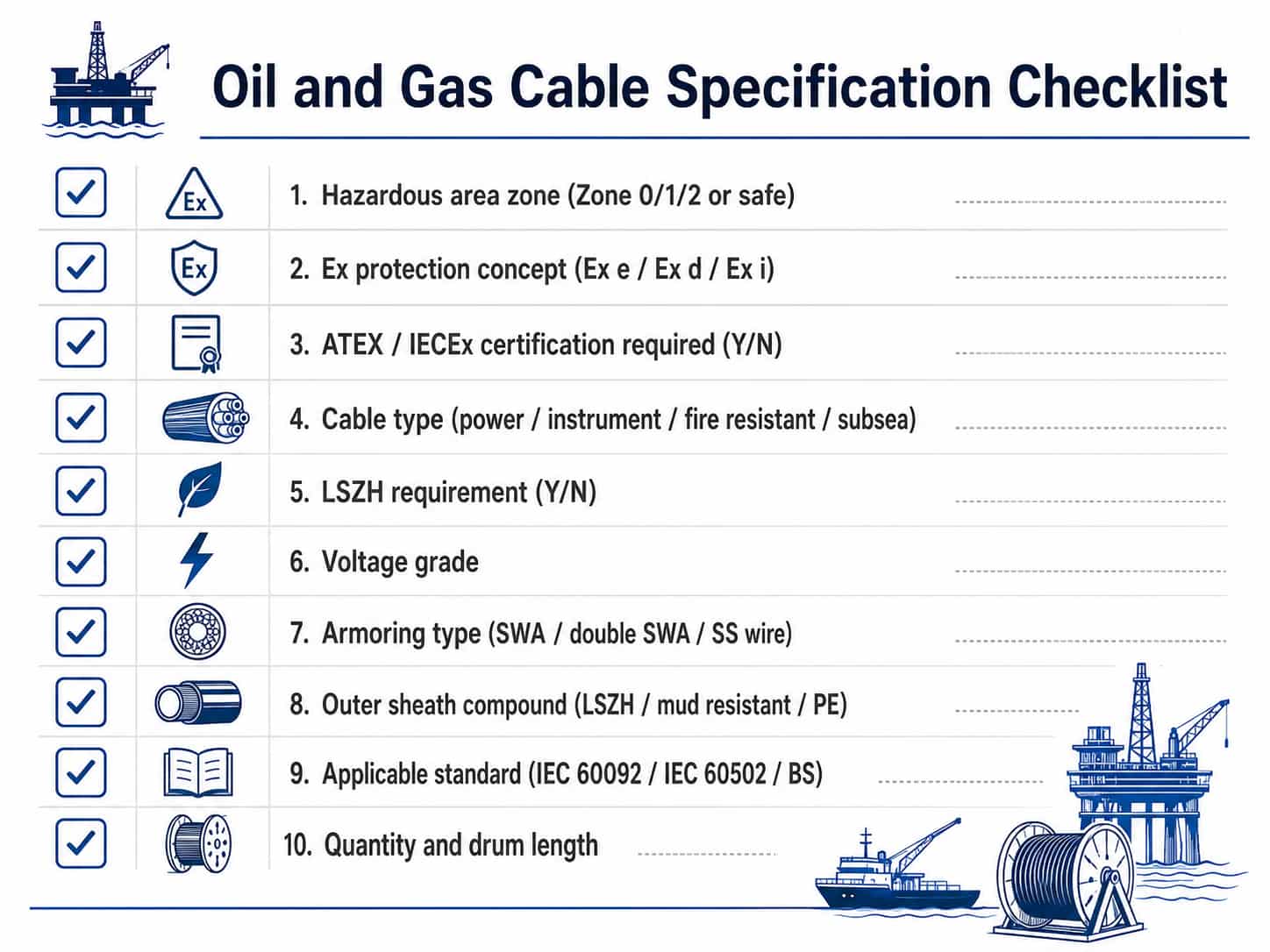 Procurement checklist for oil and gas cables including hazardous area classification, cable type, ATEX rating, LSZH requirement and applicable standard