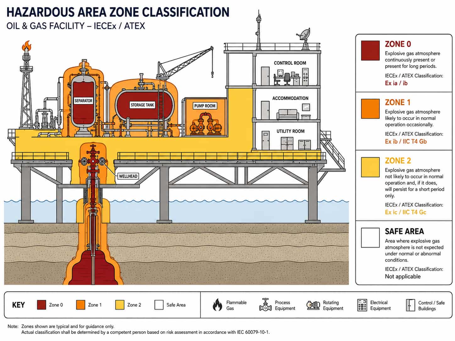 Diagram showing oil and gas hazardous area zone classifications Zone 0, Zone 1, and Zone 2 with typical locations on an upstream facility