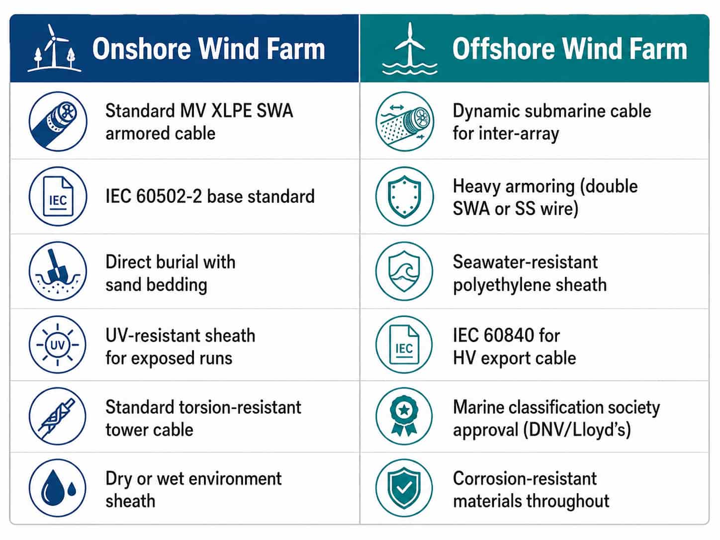 Side-by-side comparison of onshore and offshore wind farm cable requirements highlighting key differences in construction, standards and environmental requirements
