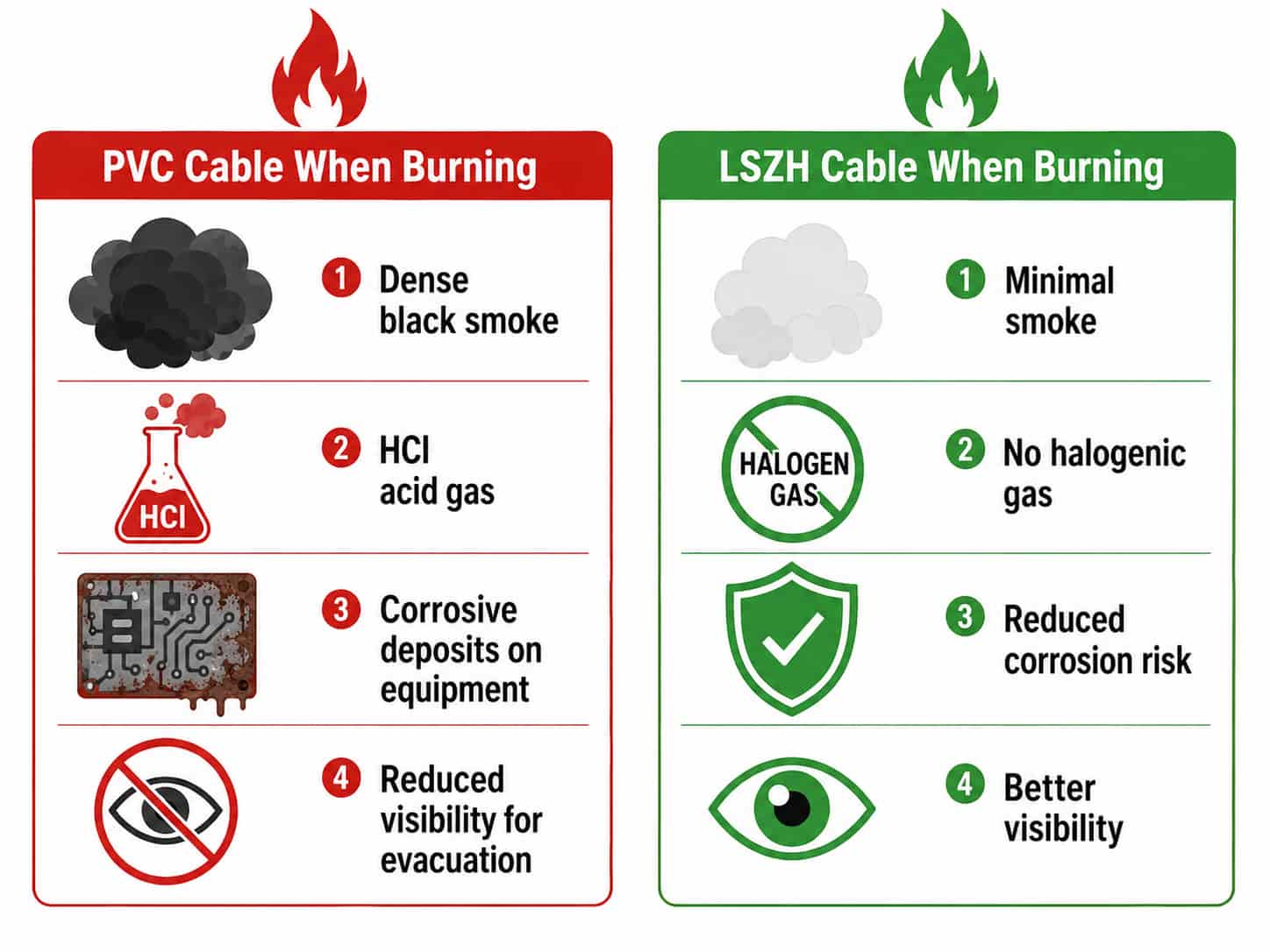 Comparison diagram showing combustion products of PVC cable versus LSZH cable including smoke density and acid gas emission differences
