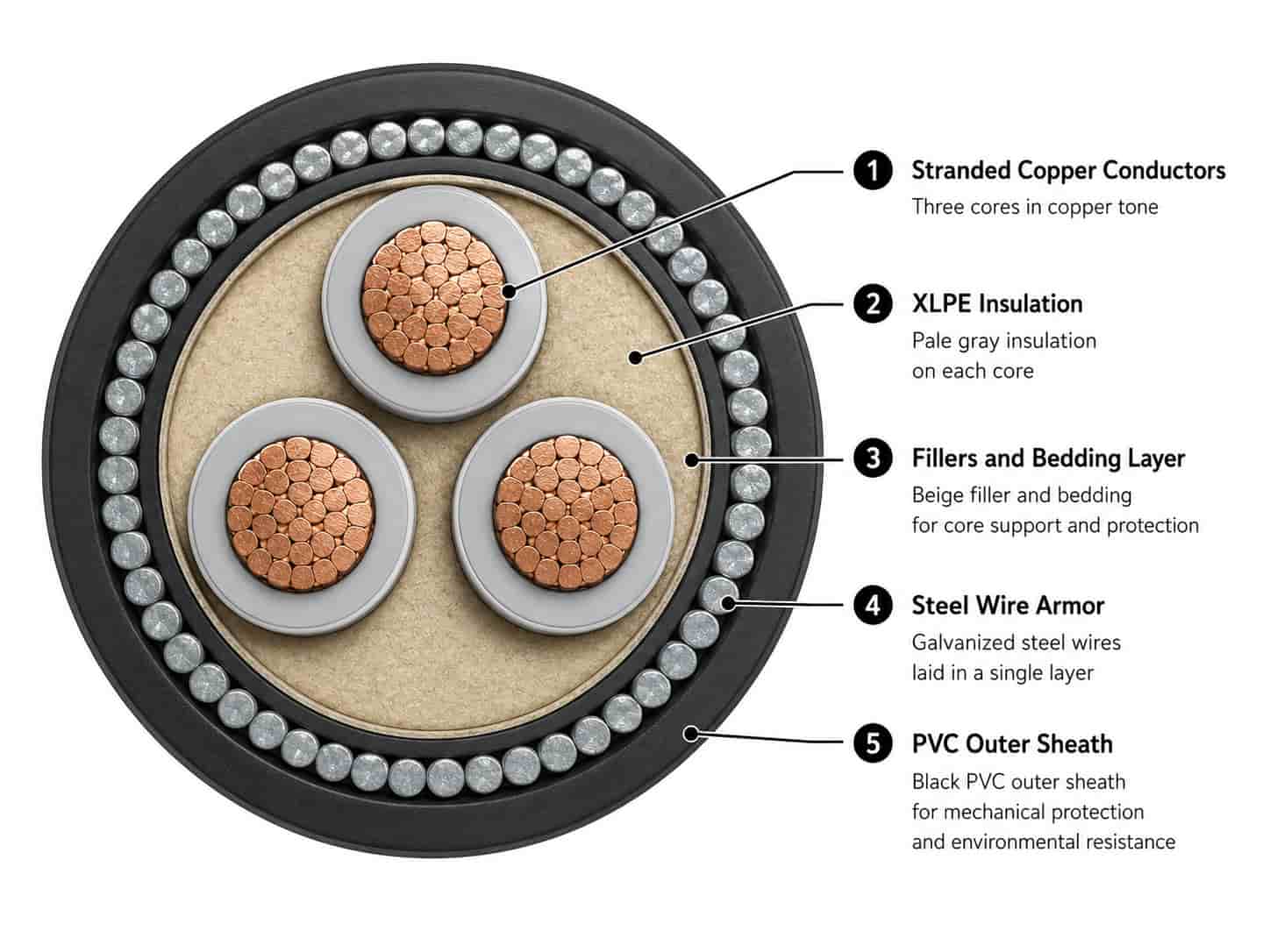 Cross-section diagram of SWA armored cable showing all layers: conductor, insulation, bedding, steel wire armor, and outer sheath