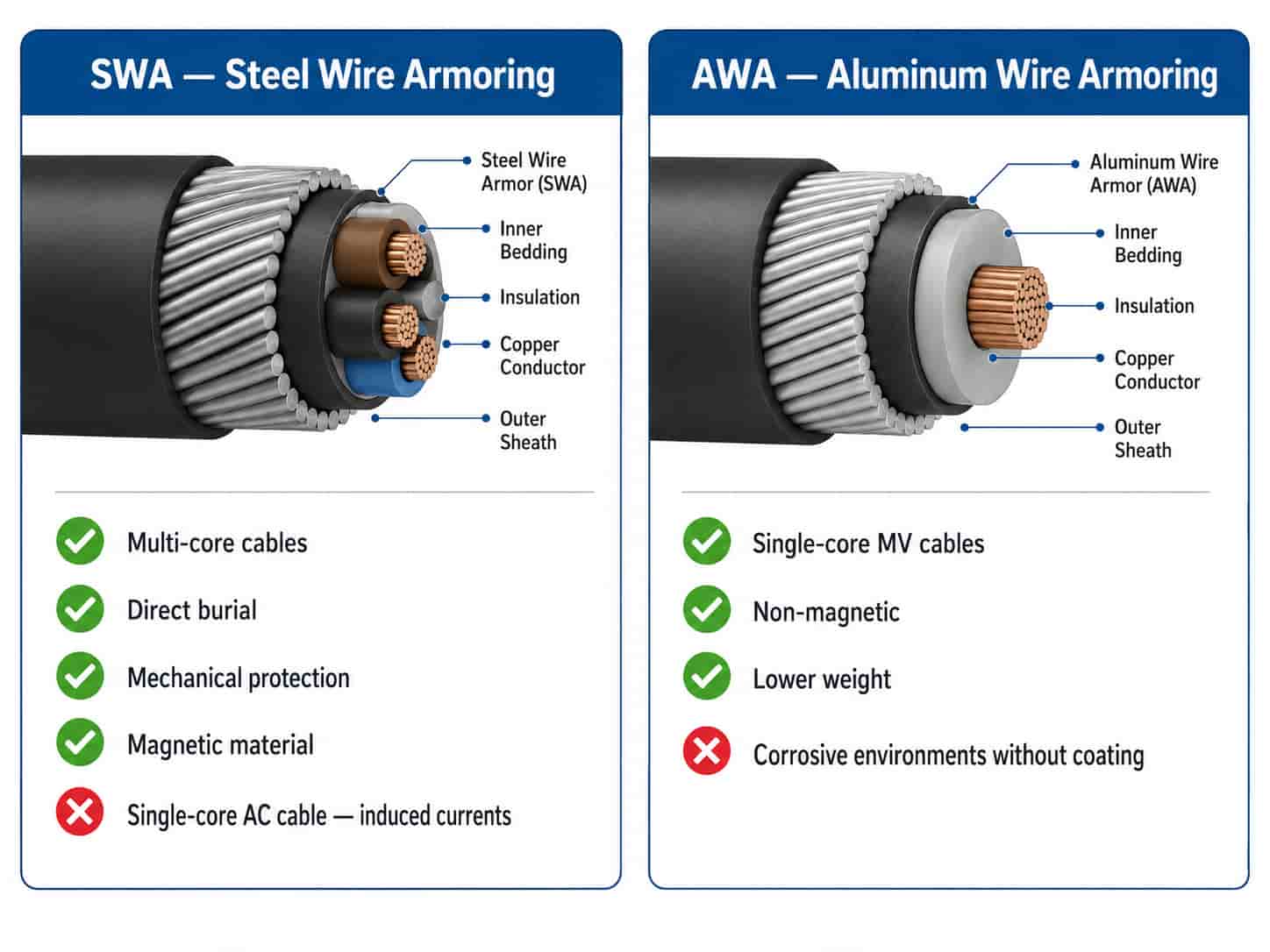 Comparison diagram of SWA steel wire armoring and AWA aluminum wire armoring showing the difference in wire material and application