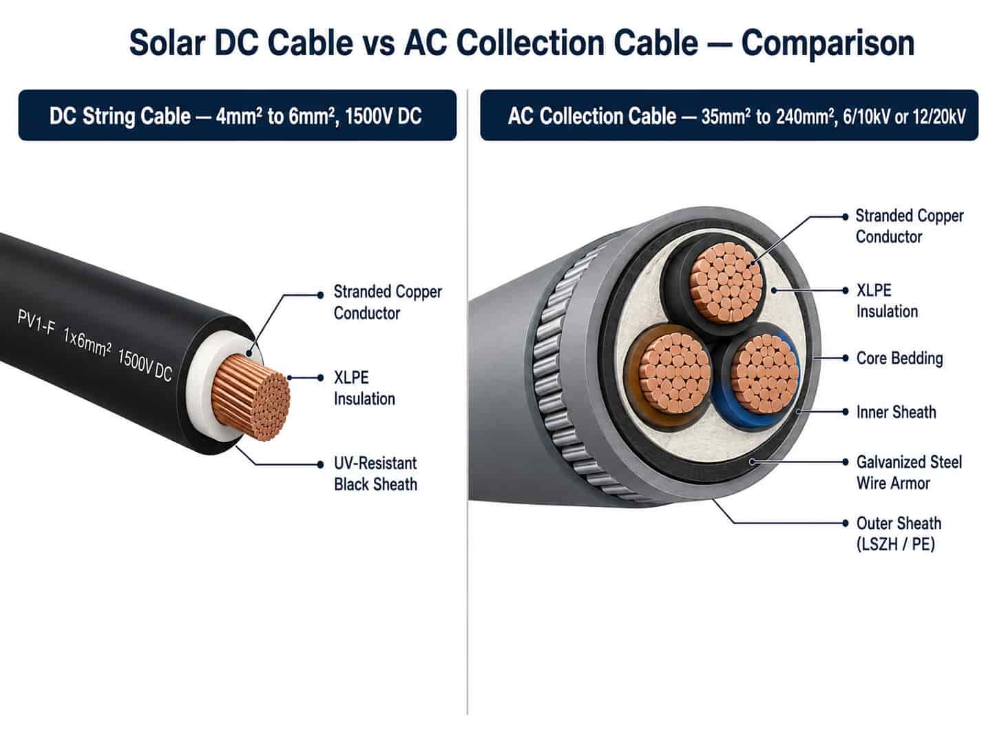 Side-by-side comparison of solar DC string cable and medium voltage AC collection cable used in utility-scale solar farms