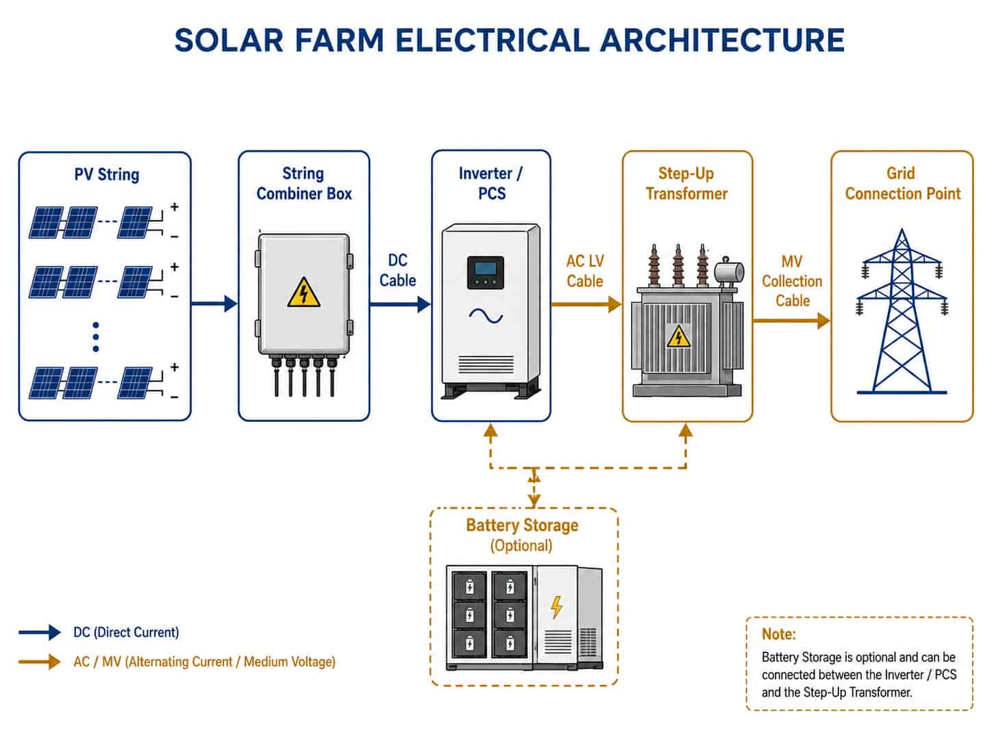 Diagram of solar farm electrical architecture showing PV strings, combiner boxes, inverters, step-up transformer and grid connection