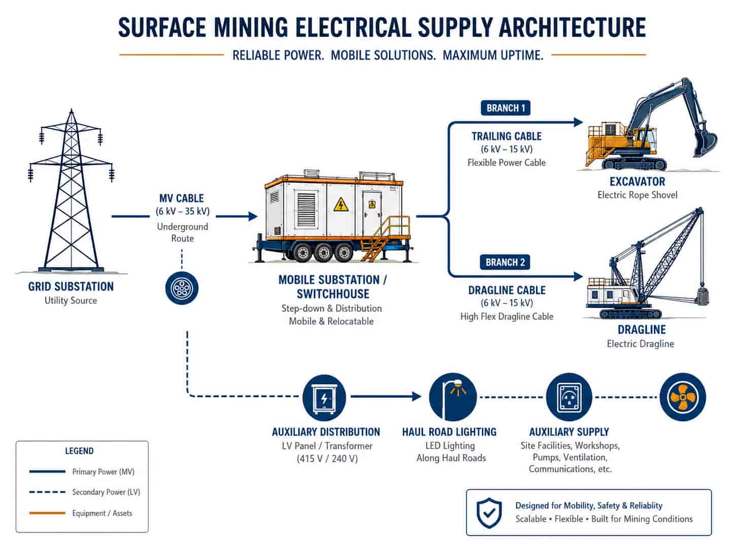 Diagram of surface mining electrical supply from grid substation through trailing cables to mobile excavator and dragline equipment
