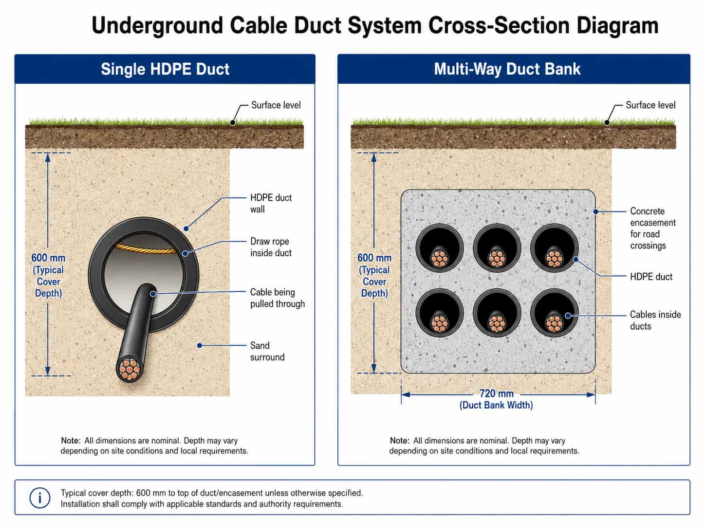 Cross-section diagram of underground cable duct system showing single duct and multi-way duct bank with draw rope, cable and concrete encasement