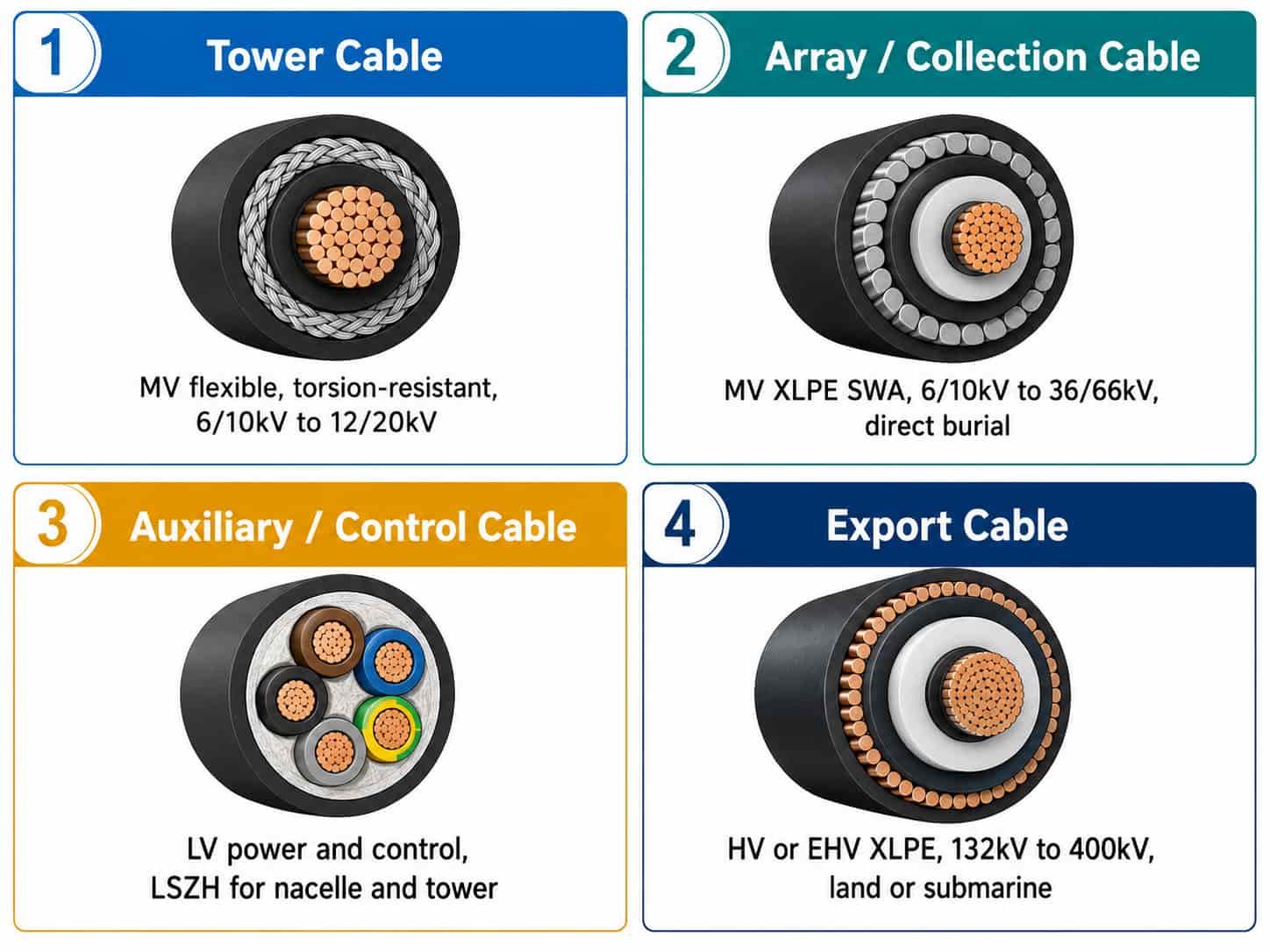 Comparison of the four main cable zones in a wind farm: tower cable, array cable, collector cable and export cable with key specifications