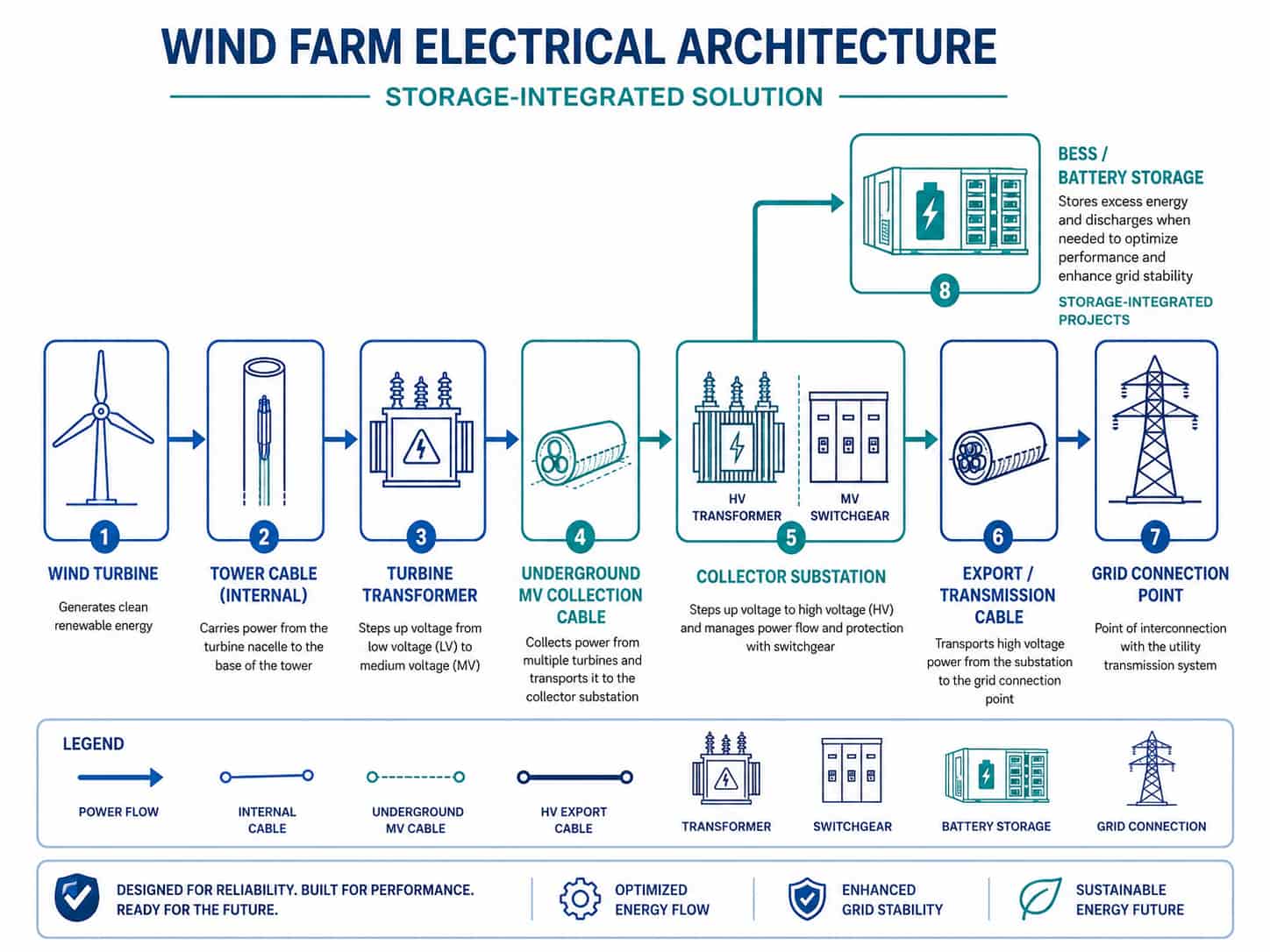 Diagram showing wind farm electrical architecture from turbine generator through internal cables, collector substation and export cable to grid