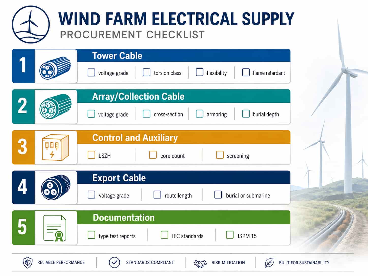 Complete procurement checklist for wind farm electrical supply covering tower cable, array cable, control cable, export cable and auxiliary power