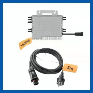 A silver metallic microinverter with cooling fins pictured above a coiled black electrical cable. Orange graphical tags indicate "1600W" next to the inverter and "5m" next to the cable.