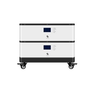 A vertical setup featuring two white energy storage battery modules stacked together on a black base with caster wheels.